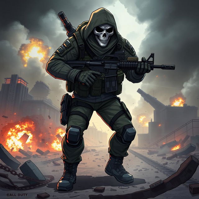 A highly detailed and dynamic illustration of Ghost, the iconic character from Call of Duty Mobile, in a tactical military outfit complete with his signature skull mask