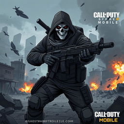 A highly detailed and dynamic illustration of Ghost, the iconic character from Call of Duty Mobile, in a tactical military outfit complete with his signature skull mask