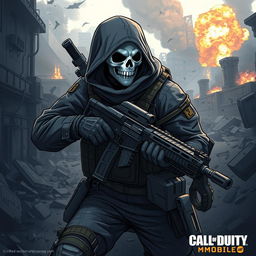 A highly detailed and dynamic illustration of Ghost, the iconic character from Call of Duty Mobile, in a tactical military outfit complete with his signature skull mask