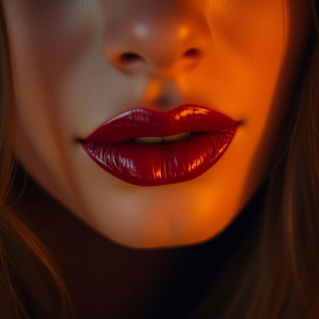 A close-up of a single pair of lips belonging to a woman reminiscent of Golshifteh Farahani, showcasing a rich, deep red lipstick