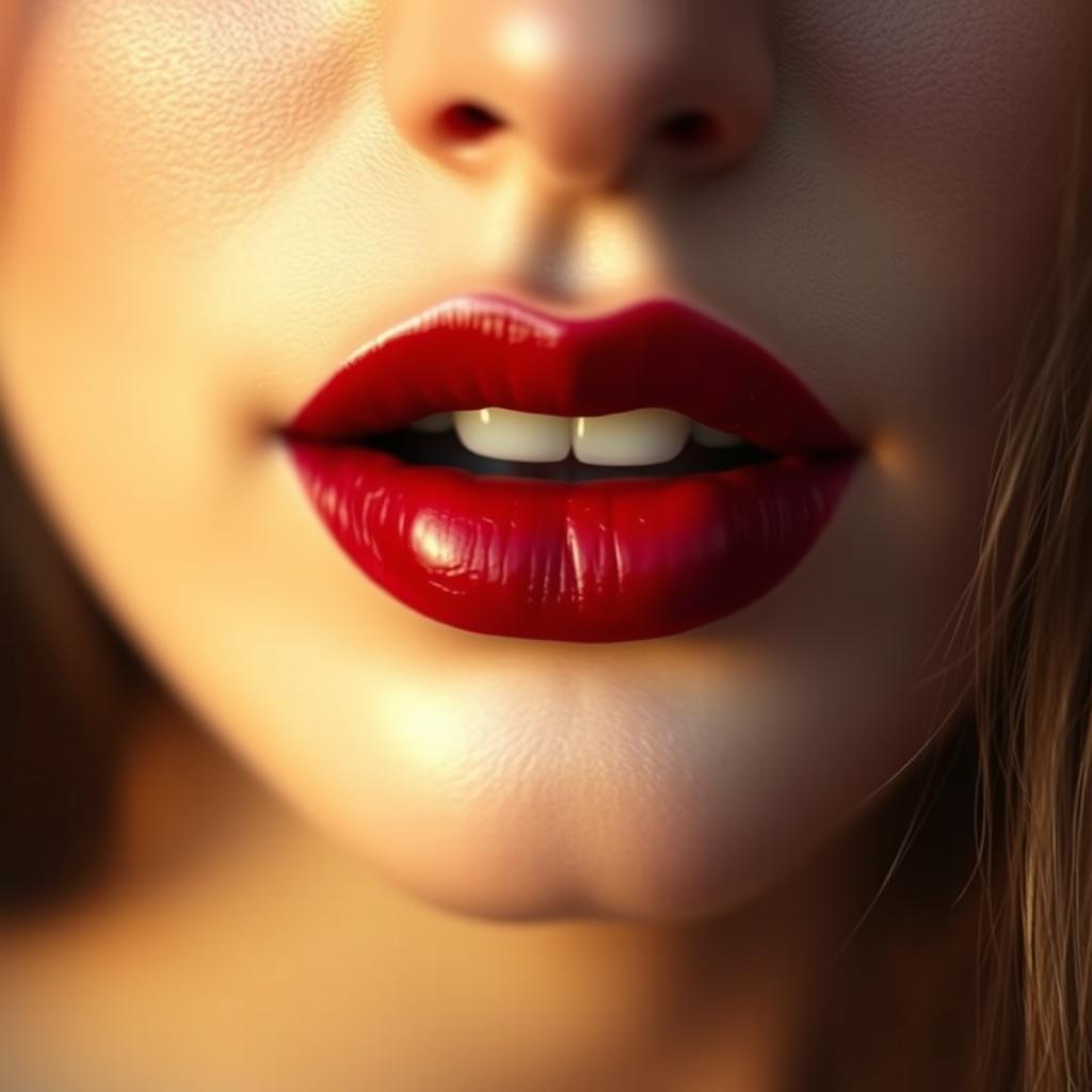 A close-up of a single pair of lips belonging to a woman reminiscent of Golshifteh Farahani, showcasing a rich, deep red lipstick