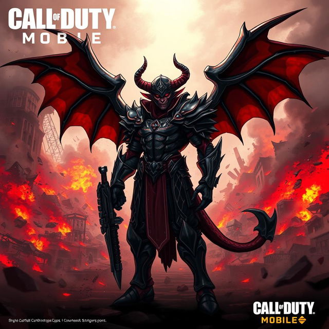 An intense and striking illustration of a devil-themed character from Call of Duty Mobile, featuring elaborate demonic armor and a menacing expression