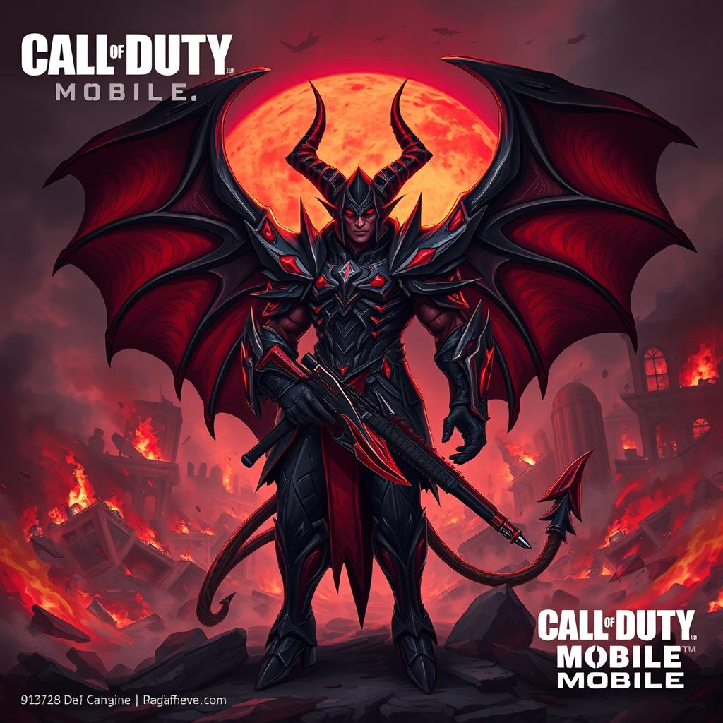 An intense and striking illustration of a devil-themed character from Call of Duty Mobile, featuring elaborate demonic armor and a menacing expression