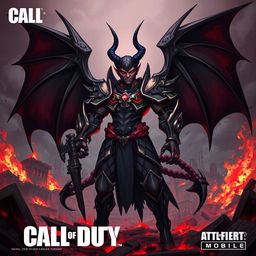An intense and striking illustration of a devil-themed character from Call of Duty Mobile, featuring elaborate demonic armor and a menacing expression