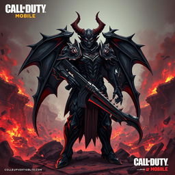 An intense and striking illustration of a devil-themed character from Call of Duty Mobile, featuring elaborate demonic armor and a menacing expression