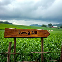 A picturesque farm scene featuring a wooden sign with the name 'پرویز یوسفزی' beautifully engraved on it