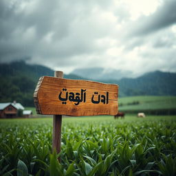 A picturesque farm scene featuring a wooden sign with the name 'پرویز یوسفزی' beautifully engraved on it
