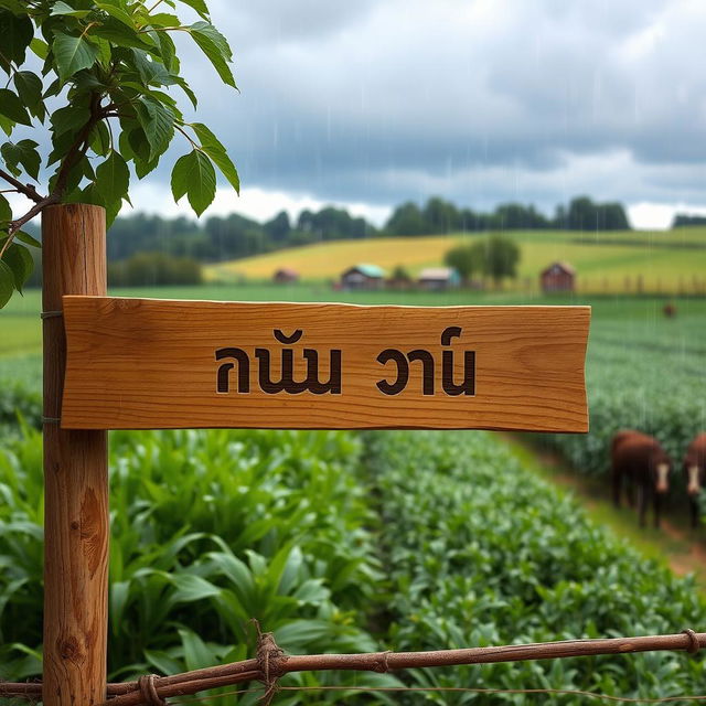 A picturesque farm scene featuring a wooden sign with the name 'پرویز یوسفزی' beautifully engraved on it