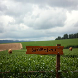 A picturesque farm scene featuring a wooden sign with the name 'پرویز یوسفزی' beautifully engraved on it