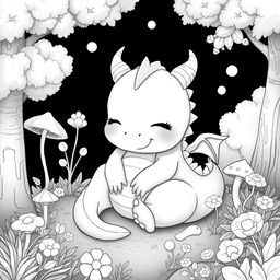A cute, cartoonish dragon sleeping peacefully in a forest scene, surrounded by gentle trees, whimsical plants, and soft textures