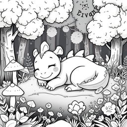 A cute, cartoonish dragon sleeping peacefully in a forest scene, surrounded by gentle trees, whimsical plants, and soft textures