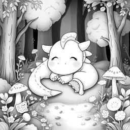 A cute, cartoonish dragon sleeping peacefully in a forest scene, surrounded by gentle trees, whimsical plants, and soft textures