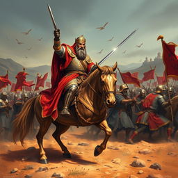 A vivid and dramatic illustration of the historical figure Saladin (Salah ad-Din Yusuf ibn Ayyub) during the Crusades, mounted on a powerful horse, clad in elaborate medieval armor, wielding a sword