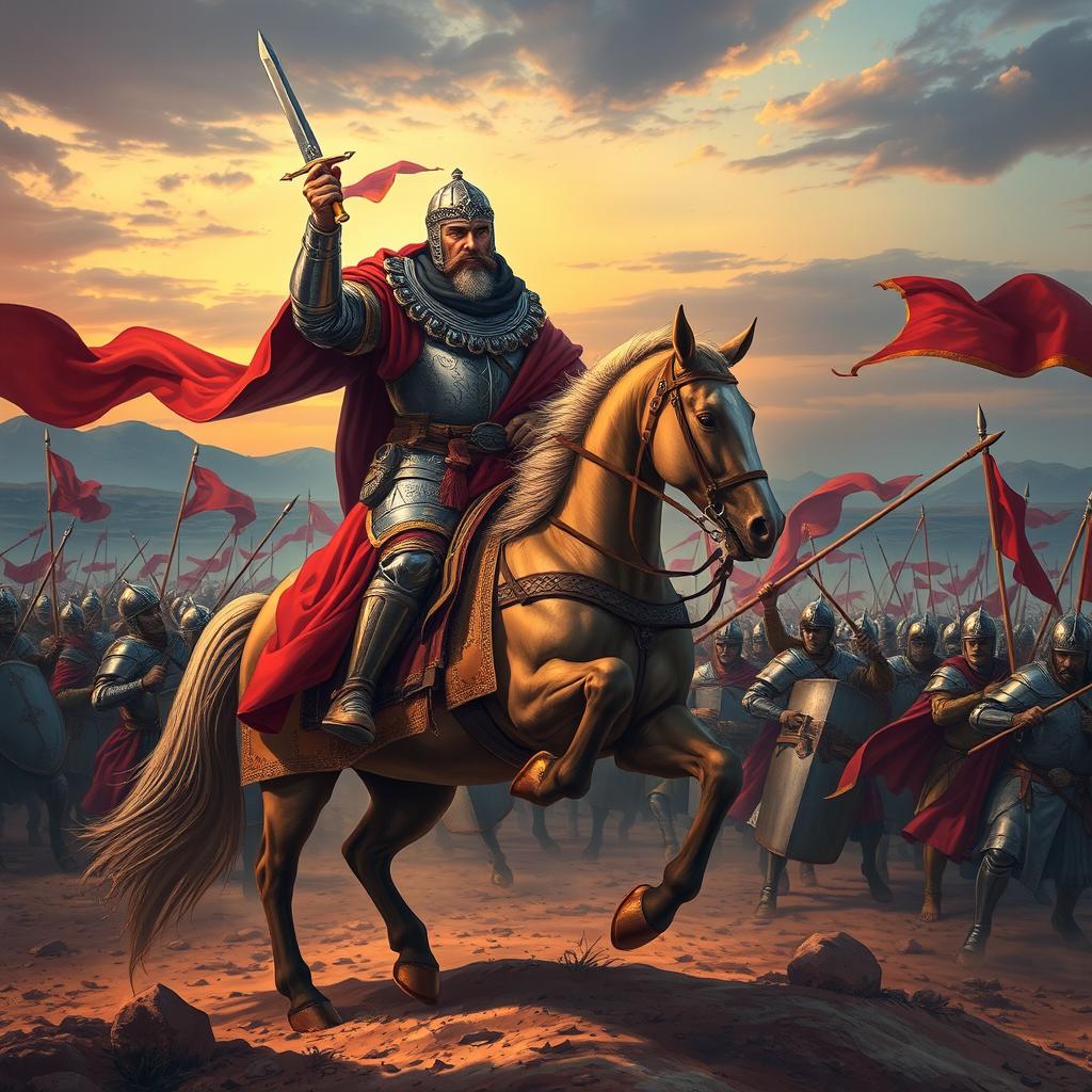 A vivid and dramatic illustration of the historical figure Saladin (Salah ad-Din Yusuf ibn Ayyub) during the Crusades, mounted on a powerful horse, clad in elaborate medieval armor, wielding a sword