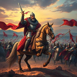 A vivid and dramatic illustration of the historical figure Saladin (Salah ad-Din Yusuf ibn Ayyub) during the Crusades, mounted on a powerful horse, clad in elaborate medieval armor, wielding a sword