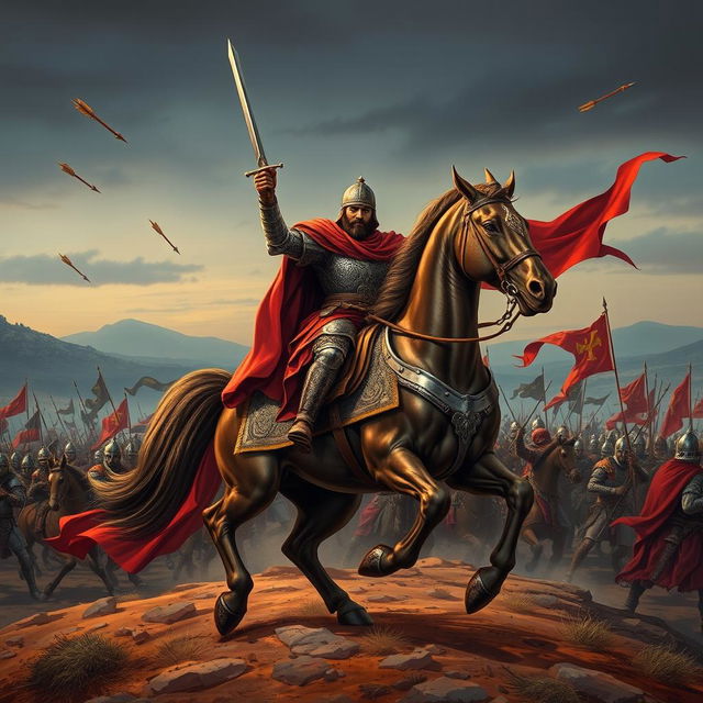 A vivid and dramatic illustration of the historical figure Saladin (Salah ad-Din Yusuf ibn Ayyub) during the Crusades, mounted on a powerful horse, clad in elaborate medieval armor, wielding a sword