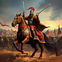 A vivid and dramatic illustration of the historical figure Saladin (Salah ad-Din Yusuf ibn Ayyub) during the Crusades, mounted on a powerful horse, clad in elaborate medieval armor, wielding a sword