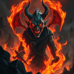 A sinister character named Kalaf Mobile, depicted as an evil entity engulfed in flames in the depths of hell