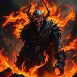 A sinister character named Kalaf Mobile, depicted as an evil entity engulfed in flames in the depths of hell