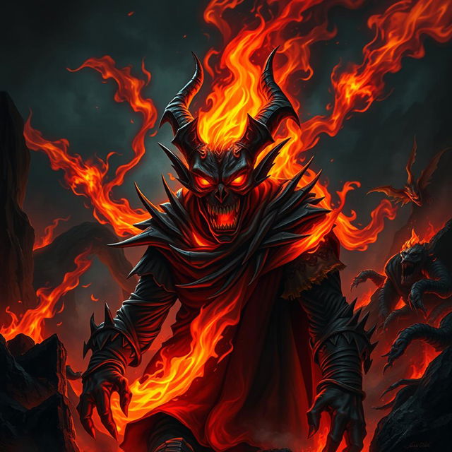 A sinister character named Kalaf Mobile, depicted as an evil entity engulfed in flames in the depths of hell