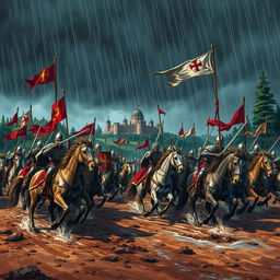 A detailed illustration of the Crusades, showcasing a dynamic battlefield scene with knights in shining armor on horseback, wielding swords and shields