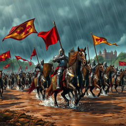 A detailed illustration of the Crusades, showcasing a dynamic battlefield scene with knights in shining armor on horseback, wielding swords and shields