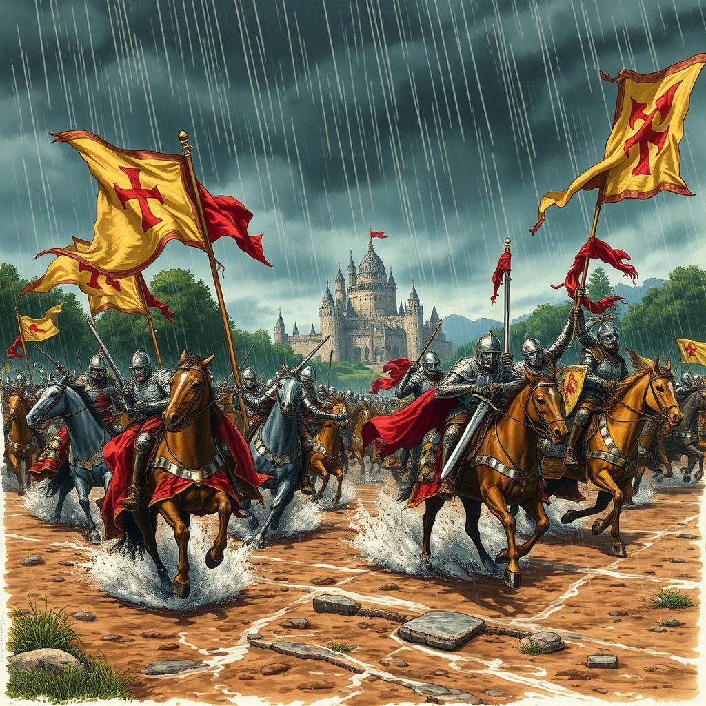 A detailed illustration of the Crusades, showcasing a dynamic battlefield scene with knights in shining armor on horseback, wielding swords and shields