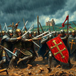 A detailed and dramatic scene depicting the Crusades, featuring a fierce battle between Muslim and Christian warriors