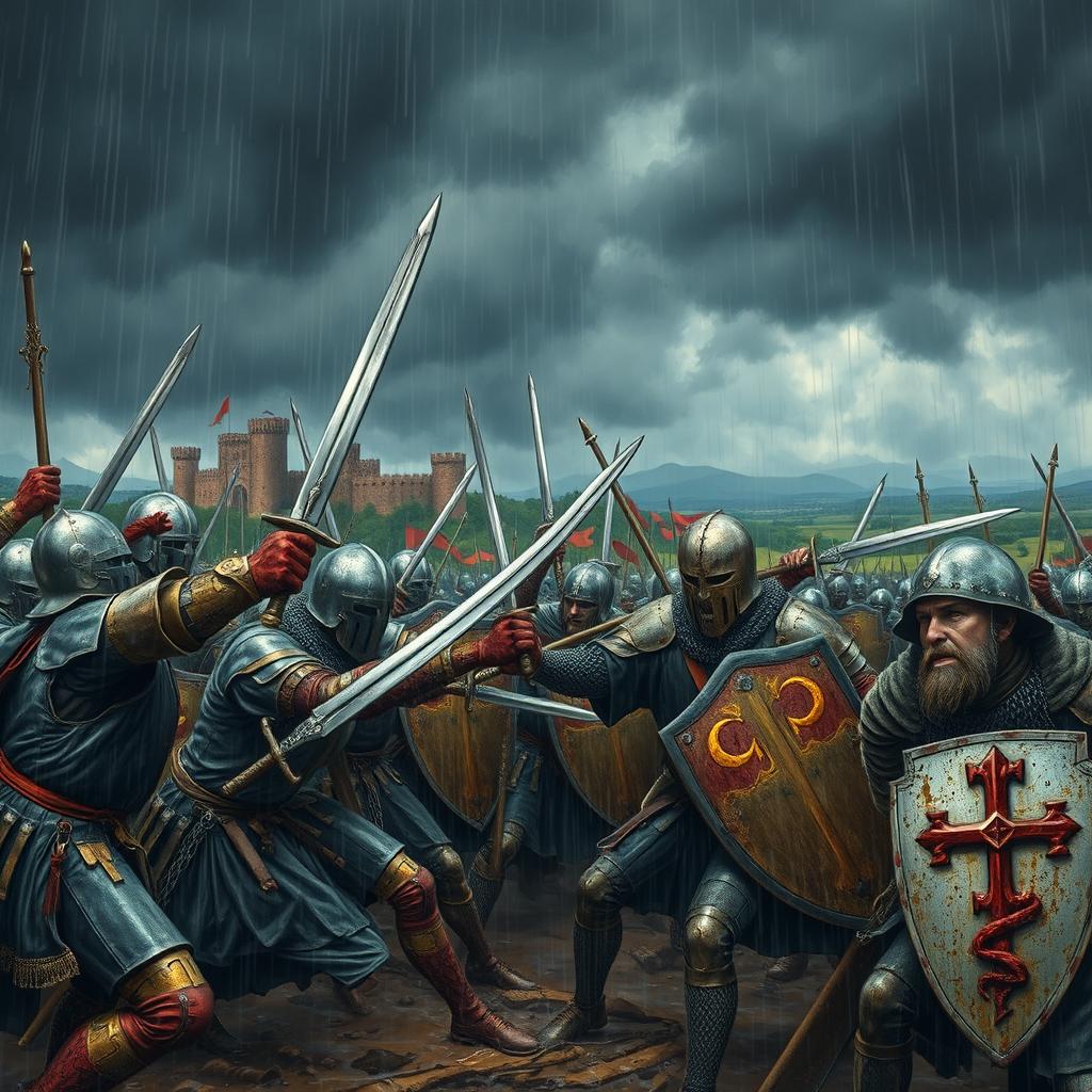 A detailed and dramatic scene depicting the Crusades, featuring a fierce battle between Muslim and Christian warriors