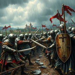 A detailed and dramatic scene depicting the Crusades, featuring a fierce battle between Muslim and Christian warriors