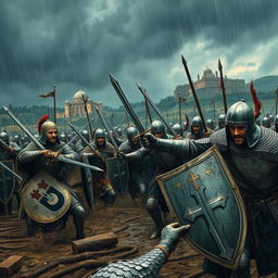 A detailed and dramatic scene depicting the Crusades, featuring a fierce battle between Muslim and Christian warriors