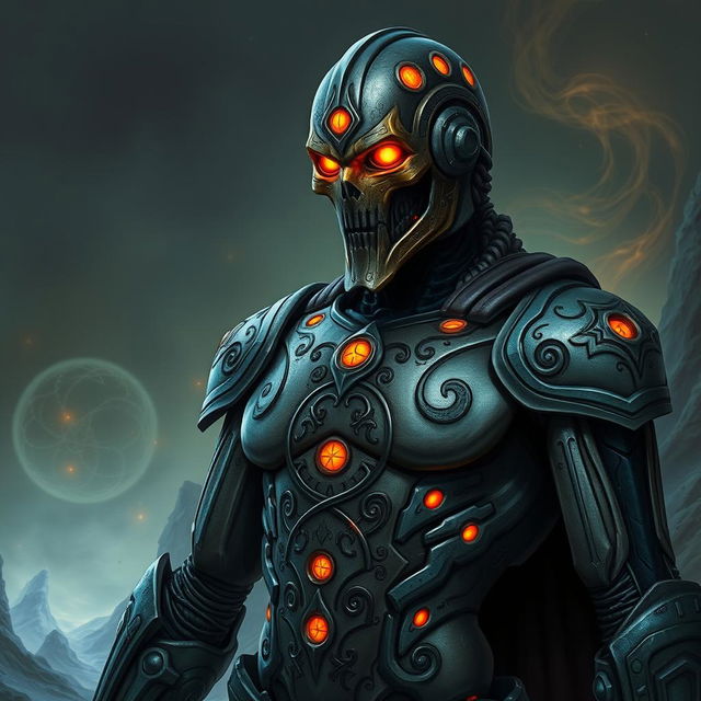 A human-like warforged warlock with glowing orange eyes and intricate mystic symbols beautifully etched across its body