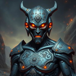 A human-like warforged warlock with glowing orange eyes and intricate mystic symbols beautifully etched across its body