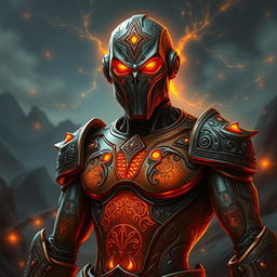 A human-like warforged warlock with glowing orange eyes and intricate mystic symbols beautifully etched across its body