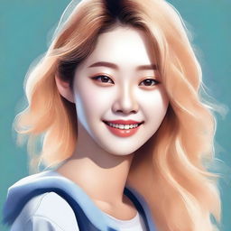 A digital art portrait of a beautiful Korean girl with blonde hair