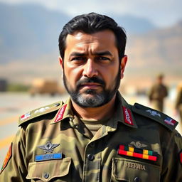 A detailed and clear portrait of Mahmoud Yousafzai wearing an Afghan Army uniform