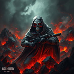 A strikingly detailed scene depicting the Ghost character from Call of Duty Mobile, emerging from a fiery abyss in Hell