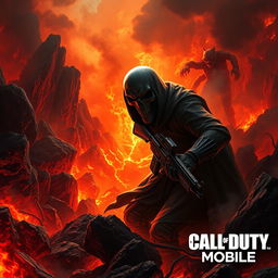 A strikingly detailed scene depicting the Ghost character from Call of Duty Mobile, emerging from a fiery abyss in Hell