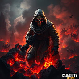 A strikingly detailed scene depicting the Ghost character from Call of Duty Mobile, emerging from a fiery abyss in Hell