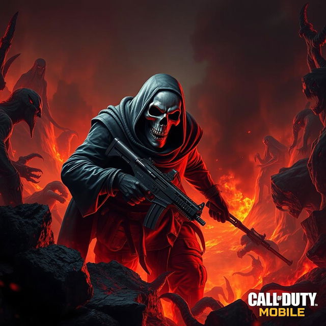 A strikingly detailed scene depicting the Ghost character from Call of Duty Mobile, emerging from a fiery abyss in Hell