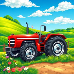 A vibrant and beautifully detailed illustration of a farmer's tractor, set against a picturesque rural landscape
