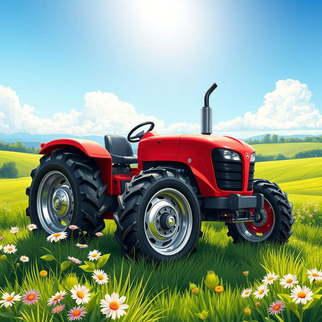 A vibrant and beautifully detailed illustration of a farmer's tractor, set against a picturesque rural landscape