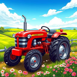 A vibrant and beautifully detailed illustration of a farmer's tractor, set against a picturesque rural landscape