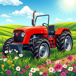 A vibrant and beautifully detailed illustration of a farmer's tractor, set against a picturesque rural landscape