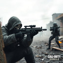 A dramatic scene depicting the ghost character from Call of Duty Mobile engaged in intense conflict with the enemy
