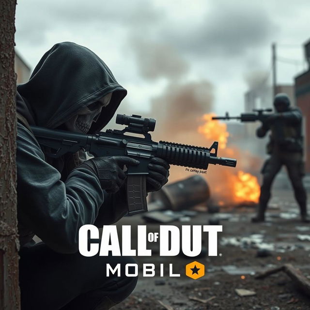 A dramatic scene depicting the ghost character from Call of Duty Mobile engaged in intense conflict with the enemy