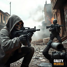 A dramatic scene depicting the ghost character from Call of Duty Mobile engaged in intense conflict with the enemy