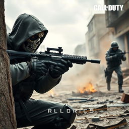 A dramatic scene depicting the ghost character from Call of Duty Mobile engaged in intense conflict with the enemy