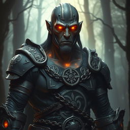 A human-like warforged warlock with compelling, dull orange eyes that glow faintly