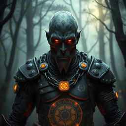 A human-like warforged warlock with compelling, dull orange eyes that glow faintly